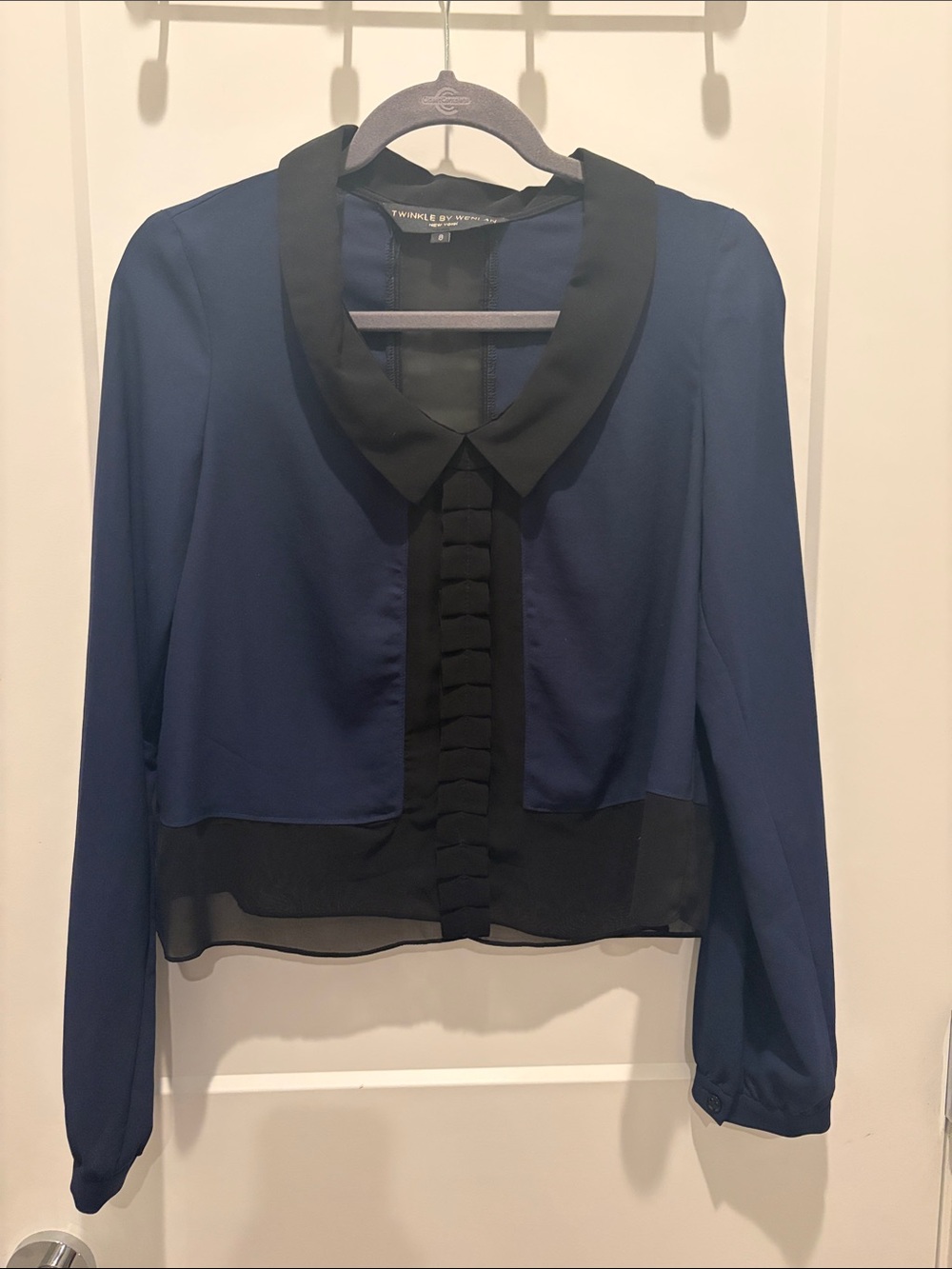 Twinkle by Wenlan Navy and Black Chiffon Ruffle Blouse